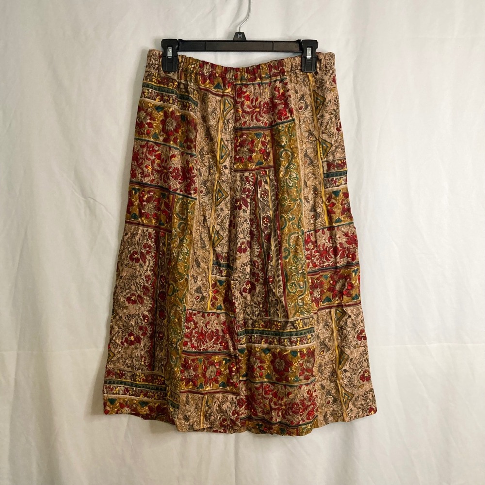 Vintage Floral Paisley Patchwork Midi Skirt Elastic Waist Pockets Earth Tones 6